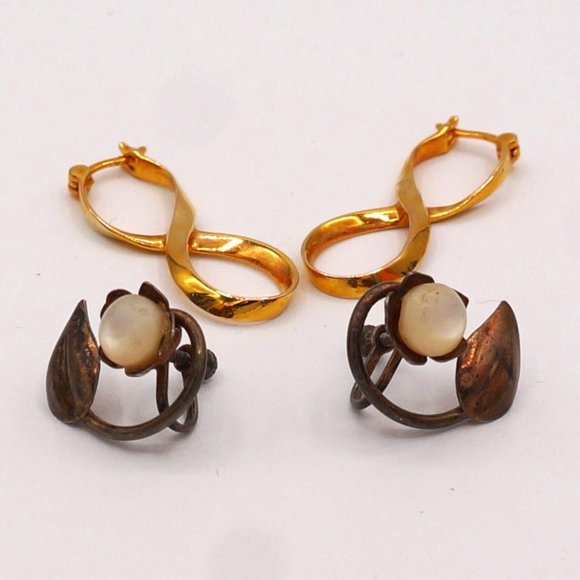 Vintage Group of Gold Plated Silver Infinity & Moonstone W\ Leaf Silver Earrings - Picture 1 of 11